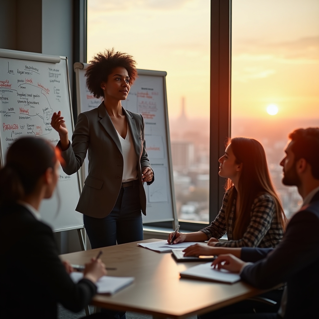 Facilitator scriind planul final pe o singură pagină alături de echipă