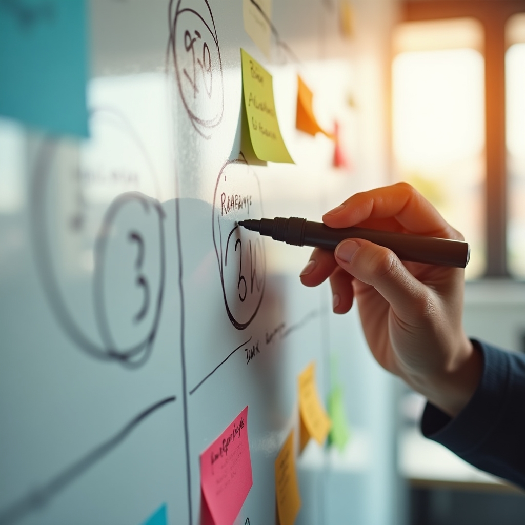 Whiteboard cu notițe despre rezultatele trimestrului și priorități viitoare